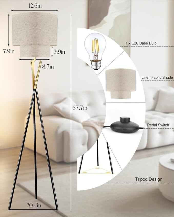 Lightdot Glod&Black Tripod Floor Lamp, Modern Floor Lamps for Living Room, Standing Lamp with Dual Drum, E26 Bulb Included, 67.7" Tall Floor Lamp for Bedroom, Home Office