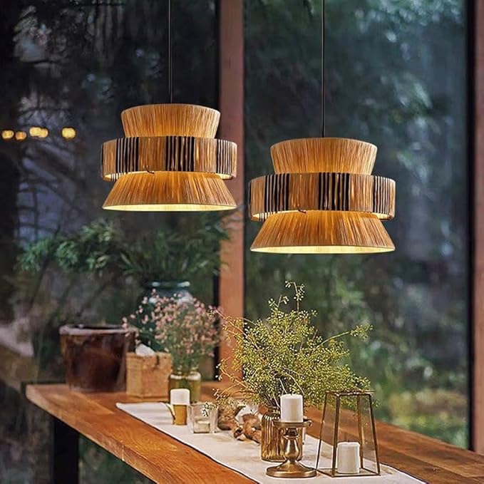 Raffia Pendant Light, Handwoven Wabi Sabi Hanging Lamp, Natural Fiber Dining Room Chandelier,Built-in Metal Frame,Retro Style Straw Woven Light Fixture with E27 Base for Living Room