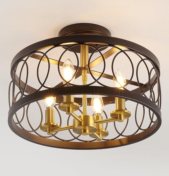 JONATHAN Y 15.5" Oil Rubbed Bronze/Brass Gold 4-Light Metal LED Semi-Flush Mount Ceiling Light, Metal Fretwork Shade for Bedroom Entryway Hallway, Traditional Round Dimmable Fixture (JYL9040B)