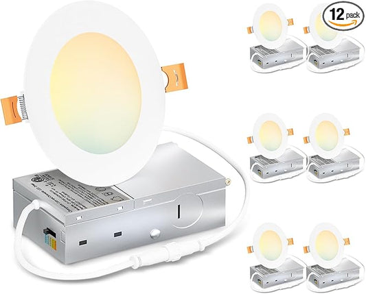 LVWIT Recessed Lighting 4 Inch, Ultra-Thin LED Ceiling Lights 800LM 2700K-5000K 5CCT Dimmable Canless Recessed Lights Wafer Led Lights for Kitchen Bedroom, ETL,FCC&IC, 6 Pack