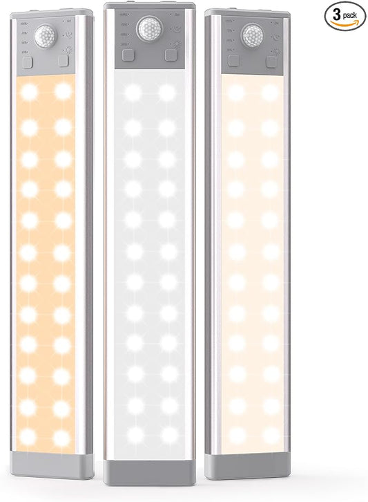 lexall Under Cabinet Lighting, 60LED Rechargeable Motion Sensor Light with Charging Station, Dimmable Closet Lights RGB Bar, Magnetic Under Counter Lights for Kitchen, Safe Light (3 Pack)