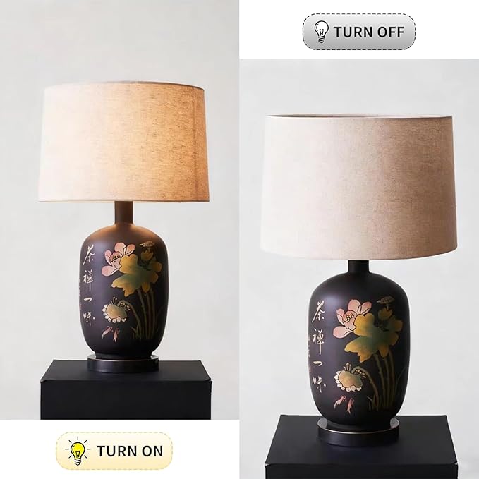 Jianshui Pottery Table Lamp with Lotus & Calligraphy Design, New Chinese Style Ceramic Lamp with Fabric Shade, 26.77” Tall, Soft Warm Light for Living Room, Bedroom, Guest Room & Reception Area
