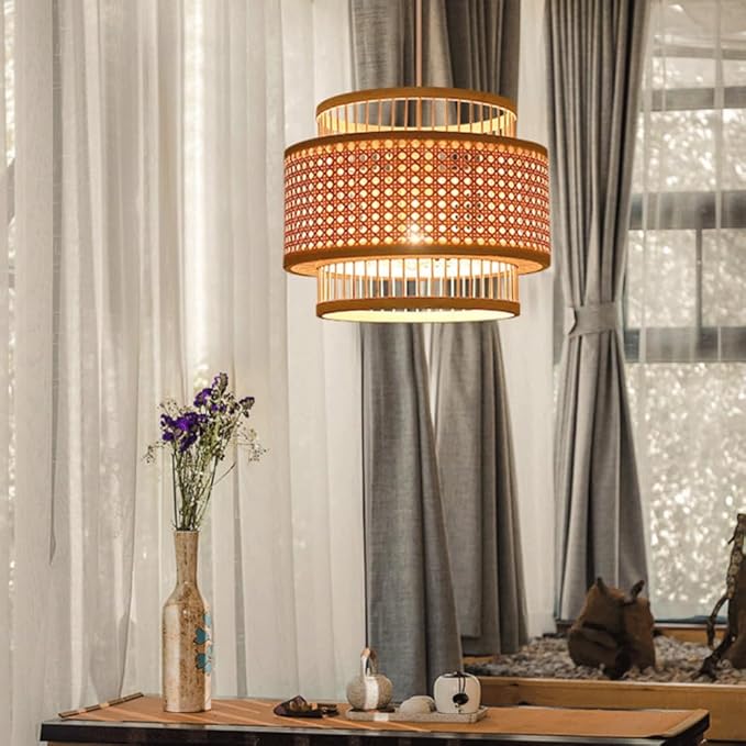 Double Layer Bamboo Pendant Light, Handwoven Japanese Zen Wabi Sabi Hanging Lamp, Natural Chandelier,Country-Style Dining Room LightFixture for Tea Room Guesthouse Living Room