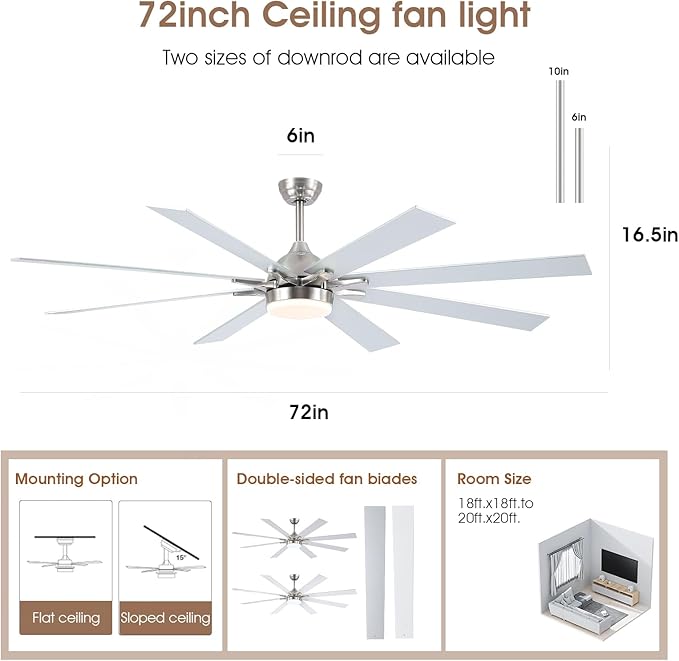 72 Inch Large Ceiling Fans with Lights and Remote, Indoor/Outdoor Nickel Modern Industrial Ceiling Fan with light for Living Room Patios Porch, Reversible Quiet Motor, 8 Dual Finish Blades