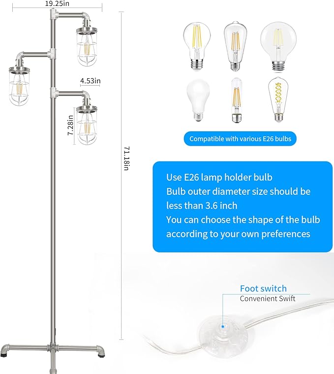 CONCA Steampunk Industrial Floor lamp, Rustic Edison Light Bulb, cage Shade (Sand Nickel)