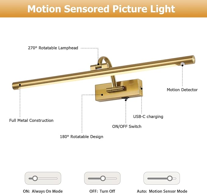 Wireless Brass Picture Lights for Wall Motion Activated, Motion Sensor Art Lights Auto-Off Gallery Lights for Portraits Display 24 Inch 5W Warm White