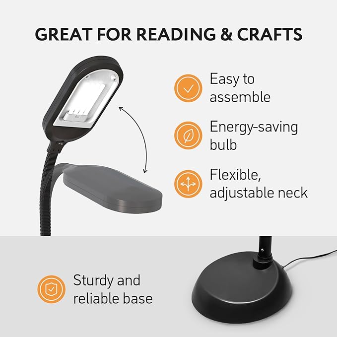 Kenley Natural Daylight Floor Lamp - Craft Light Floor Standing for Reading, Crafting, Sewing - Adjustable Gooseneck - Task Lamps for Living Room, Bedroom, Office