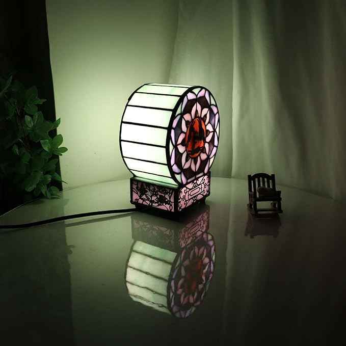 Bieye L12017 Tiffany Style Stained Glass Desk Clock Table Lamp with Lotus Flower Design (Three Hares)