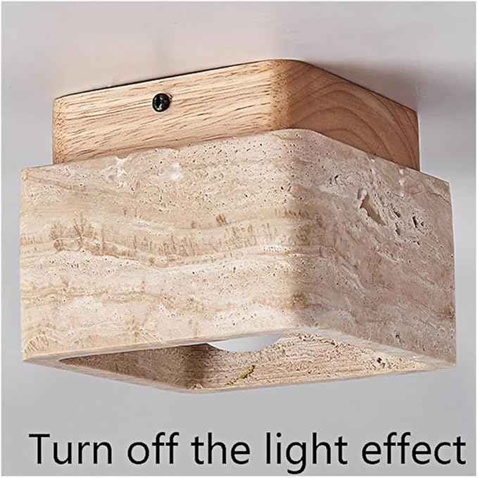 Modern Natural Travertine Ceiling Light, Square Flush Mount Lamp Wabi-Sabi Hallway Lamp, Stone Entryway Fixture Hand Polished Rustic Decor for Aisle and Corridor, 4.7 Inch(Natural Wood)