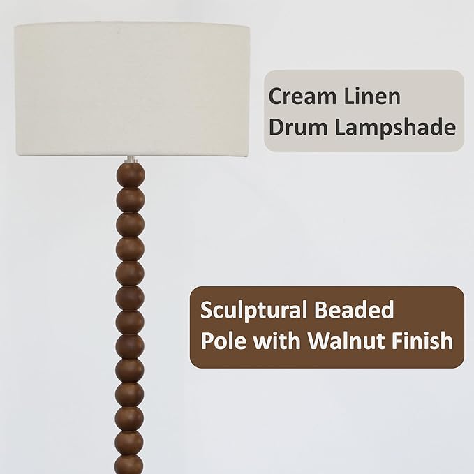 Buruis 61" Beaded Wood Floor Lamp with 17.2" Large Linen Shade, UL Listed, Retro Mid-Century Accent Walnut Finish Standing Lamp for Living Room, Bedroom, Office, Corner, Bulb Not Included, Cream