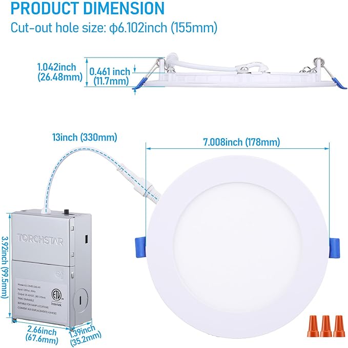 TORCHSTAR Basic Series 12-Pack 5CCT 6 Inch Ultra-Thin LED Recessed Lighting with J Box, CRI90, Aluminum, 2700K3000K3500K4000K5000K, 5%-100% Dimmable Slim Recessed Downlight, 12W 1100LM, ETL & ES
