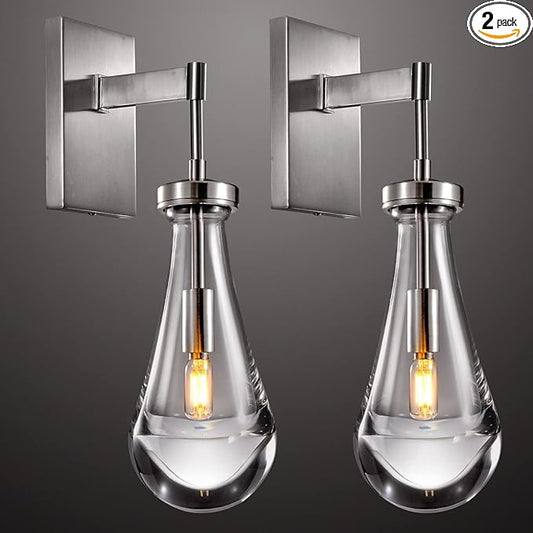 Wall Sconces Set of Two, Nickel Raindrop Sconces Wall Lighting Indoor Wall Lights for Bedroom, Nickel Bathroom Sconce, Wall Sconce Light for Living Room, Hallway