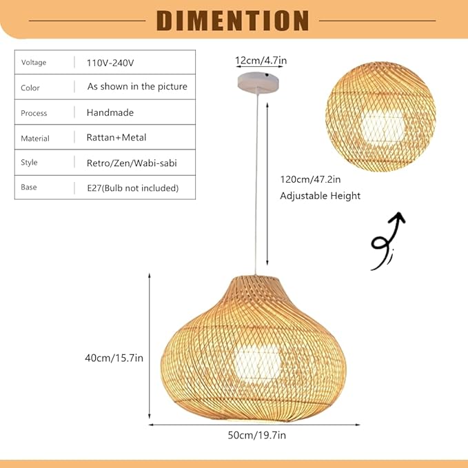 Retro Zen Wabi-sabi Rattan Pendant Light,Hand-Woven Lantern Chandelier,Adjustable Height Wicker Hanging Lamp,Metal Dining Room Fixture for Bedroom Tea Room Hotel Coffee Shop Kitchen Island