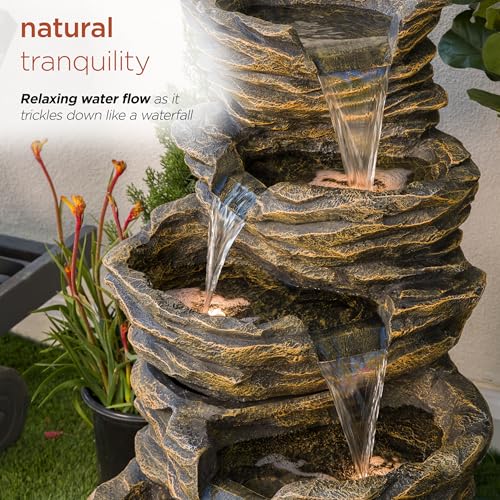 39" Tall Outdoor 5 Tiered Natural Look Rock Water Floor Fountain with Replaceable Lights