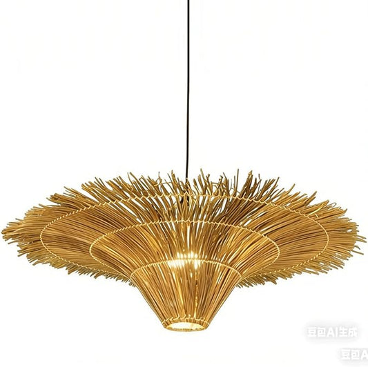 23.6-inch Southeast Asian Style Straw Hat-Shaped Rattan Chandelier,Handwoven Wicker Hanging Lamp,Wabi Sabi Restaurant Pendant Light,Adjustable Hanging Cord for Guesthouse/Shop/Living Room