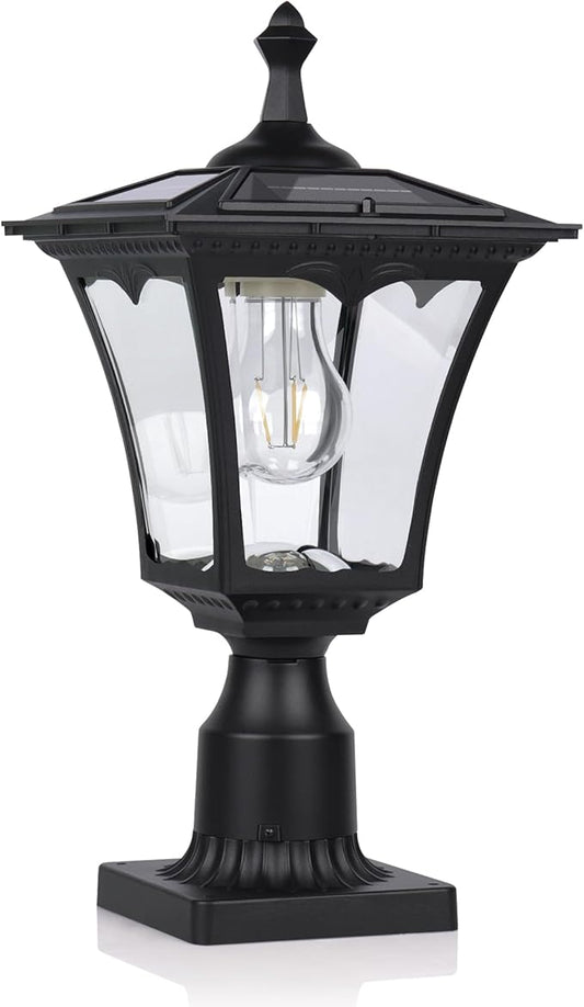 KP4301Q Outdoor Solar Post Lights with Glass lampshade, Heavy Duty Die-Casting Aluminum LED Solar Pillar Light for Gate Column, Driveway, Pathway,Garden, Patio, Matte Black