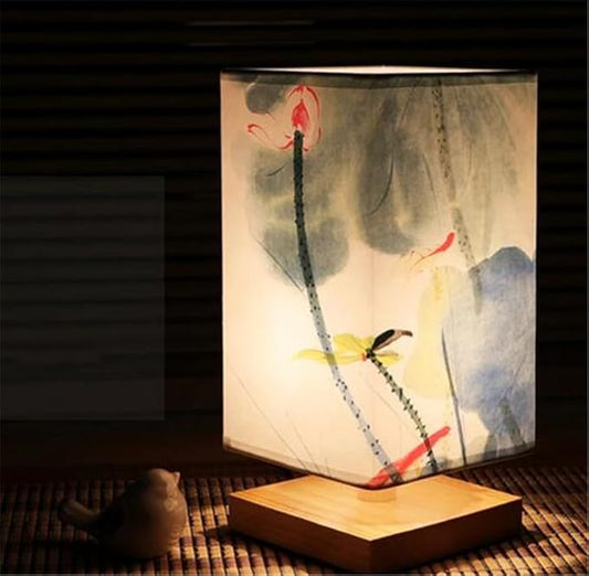 Japanese Lantern Bedside Bamboo Lamp - Table Lamp Japanese Decor Flower Lamp for Nightstand, Dresser, Living Room, Kids Room, Dorm, Office (Instructions + Lightbulb Included) (H)