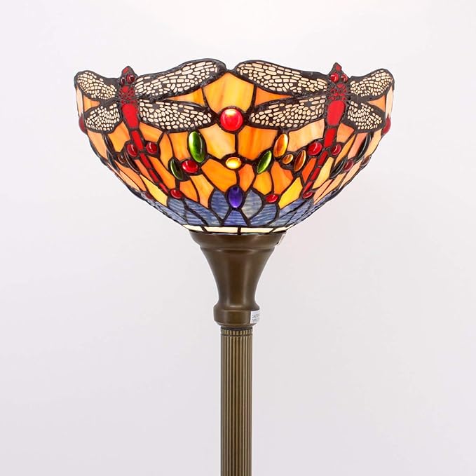 WERFACTORY Tiffany Floor Lamp Orange Blue Stained Glass Dragonfly Light 12X12X71 Inches Torchiere Standing Corner Torch Uplight Decor Bedroom Living Room Home Office S168 Series