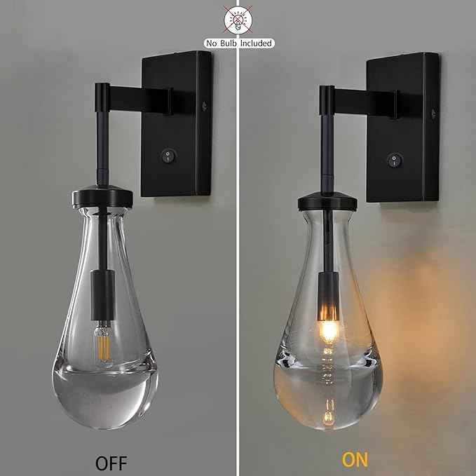 HuisMier Raindrop Wall Sconces, Black Wall Sconces with On/Off Switch, Modern Clear Glass Wall Lamp Vanity Light Fixtures for Bathroom Bedroom Living Room Hallway, Hardwired