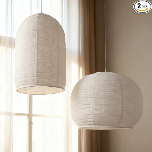 2PCS semicircular cylinder shape Hanging Fabric LampShade 18+13inch Handmade Linen Pendant Light,Minimalist Boho White Beige Lanterns for showcasem,hotel,Living Room, Bedroom deco