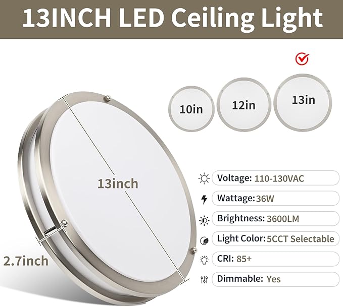 13Inch 36W Ceiling Light Fixture, 5CCT Flush Mount Ceiling Mount Light 2700K 3000K 4000K 5000K 6500K Adjustable, Dimmable Close to Ceiling Light, LED Ceiling Light for Bathroom Kitchen Bedroom, Nickel - Aura Lighting