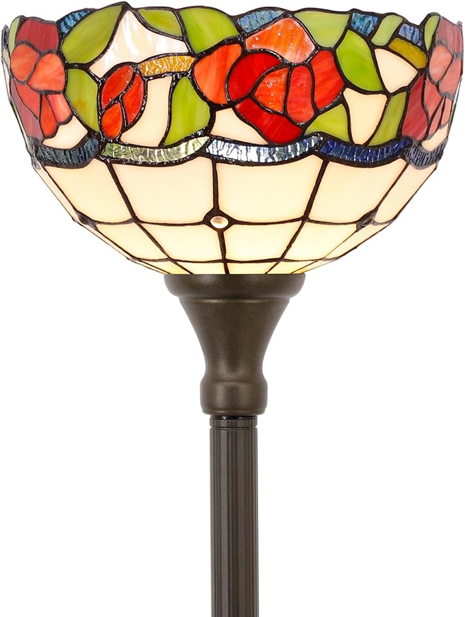 Tiffany Torchiere Floor Lamp Stained Glass Rose Flower Style Standing Corner Torch Uplight 12X12X72 Inch for Bedroom Living Room Home Office