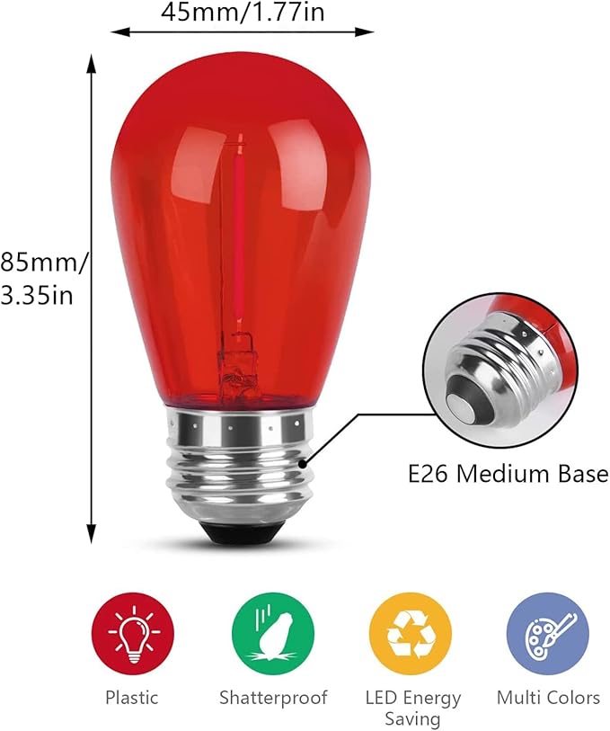15 Pack S14 LED Bulbs Red Christmas Replacement Bulb 1W LED String Light Bulbs Vintage LED Edison Bulb E26 Base Plastic Decorative Bulb Filament String Lights for Outdoor Patio Home Decor(Red)