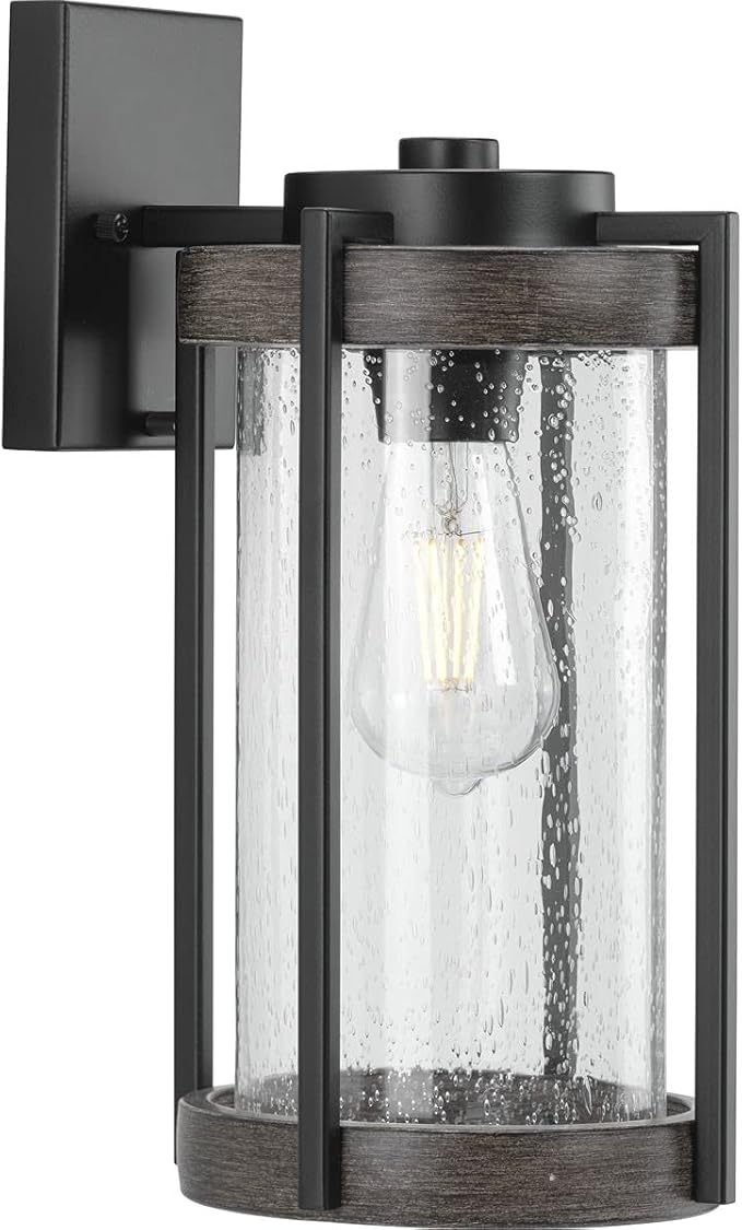 Whitmire Collection 1-Light Clear Seeded Glass Light Aged Oak Accents Farmhouse Outdoor Wall Lantern Light Matte Black