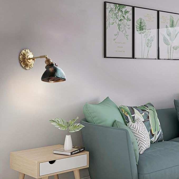 Elegant Brass Wall Sconce Modern Adjustable Home Decor Lighting Fixture with Striped Green/Clear Glass Shade, Japanese-Style Wabi Sabi Polished Brass Hardwired Sconces for Bedroom