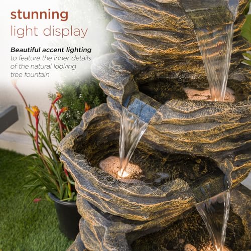 39" Tall Outdoor 5 Tiered Natural Look Rock Water Floor Fountain with Replaceable Lights