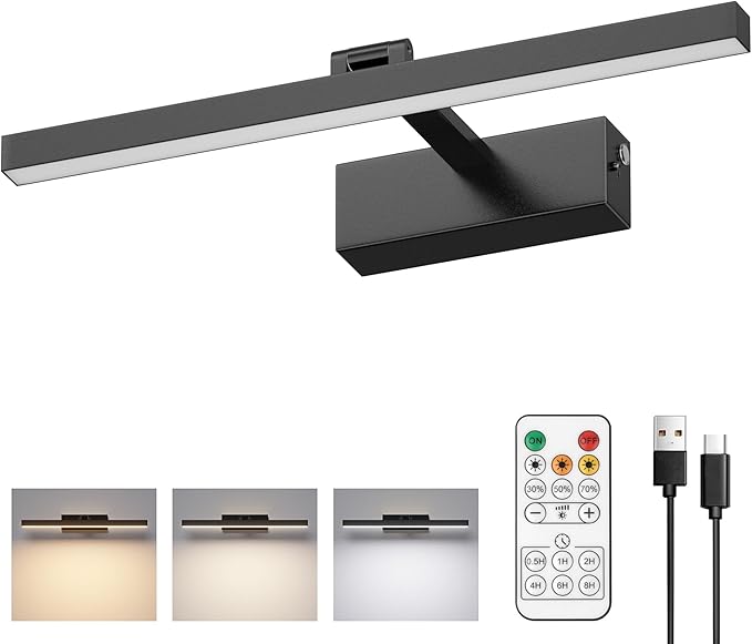 15.7" 10000mAh Rechargeable Picture Wall Light,3CCT Dimmable Wall Sconce with Remote/Touch Control,Battery Operated Art Light for Paintings,Display, Wall, Artwork, Gallery(Black,1Pack)