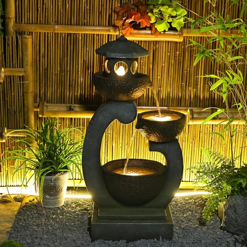Outdoor Garden Water Fountain Modern Tranquil Zen Pagoda Waterfalls Fountains Bowl with LED Lights & Pump for Patio Yard Porch Pool Decor