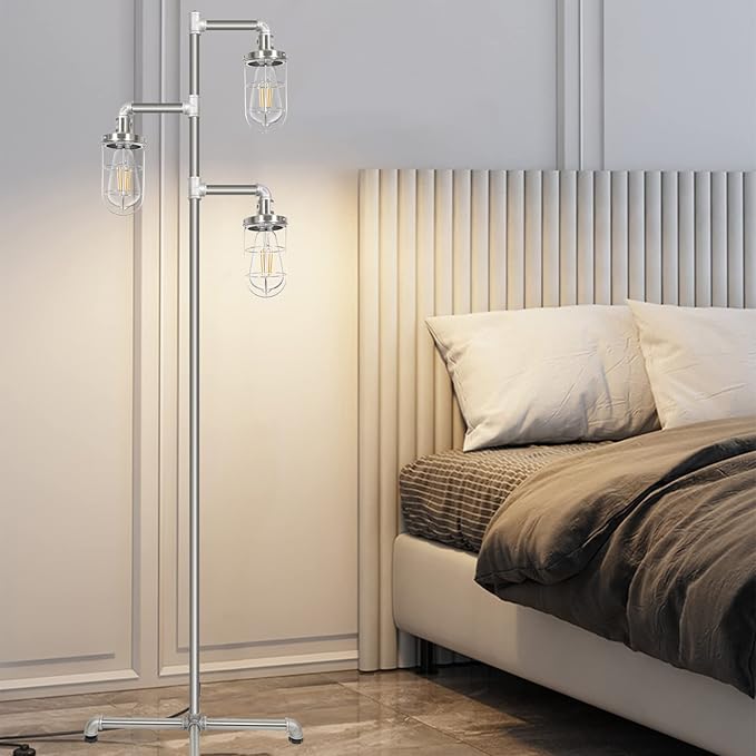 CONCA Steampunk Industrial Floor lamp, Rustic Edison Light Bulb, cage Shade (Sand Nickel)