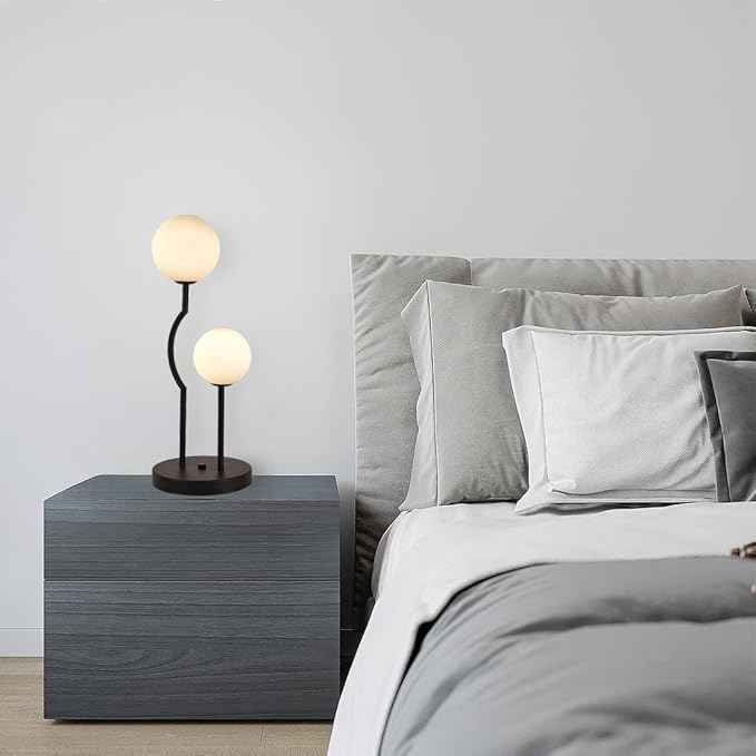 Black Mid Century Globe Table Lamp Industrial Retro 2 Lights Orb Desk Lamp with White Glass Globe Bedside Reading Light for Bedroom Living Room Study Room