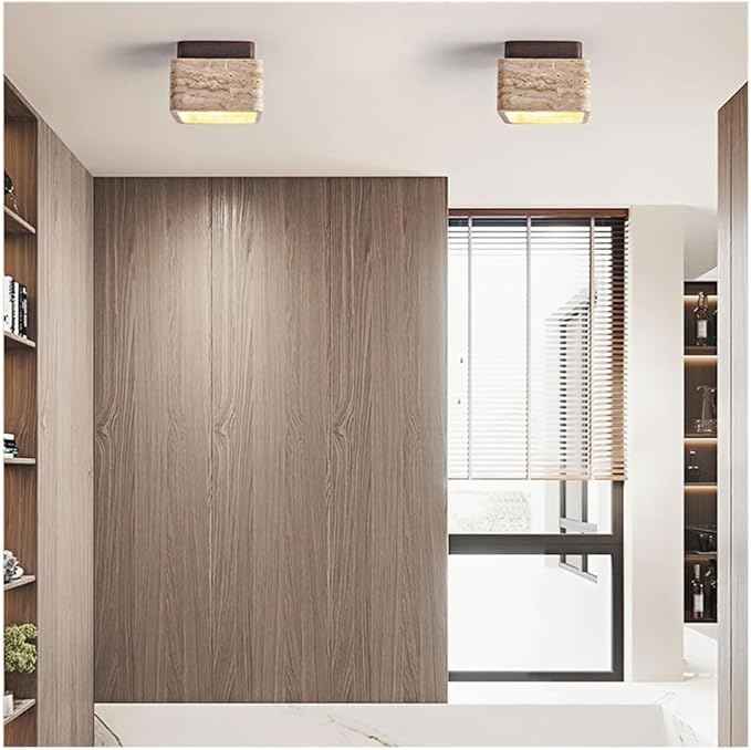 Modern Natural Travertine Ceiling Light, Square Flush Mount Lamp Wabi-Sabi Hallway Lamp, Stone Entryway Fixture Hand Polished Rustic Decor for Aisle and Corridor, 4.7 Inch(Natural Wood)