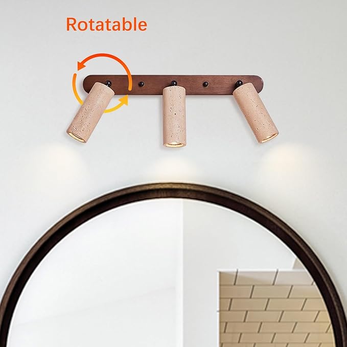 3-Lights Bathroom Vanity Light Fixtures for Over Mirror, 21" Wabi Sabi Marble Wall Sconce with Adjustable Natural Stone Lampshade & Wood Base, Yellow Travertine Wall Lamp for Bedroom
