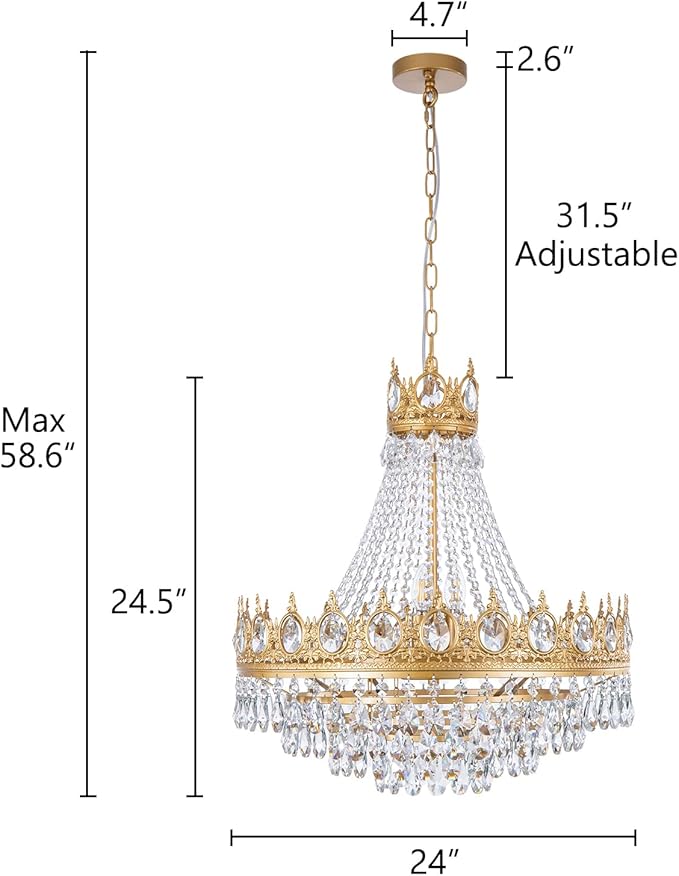 TOCHIC Gold Chandelier French Empire Crystal Chandeliers, 9-Light Modern Luxury Ceiling Light Fixture for Dining Living Room, Bedroom, Kitchen Island, Bathroom, Foyer, 24" W x 24.5" H