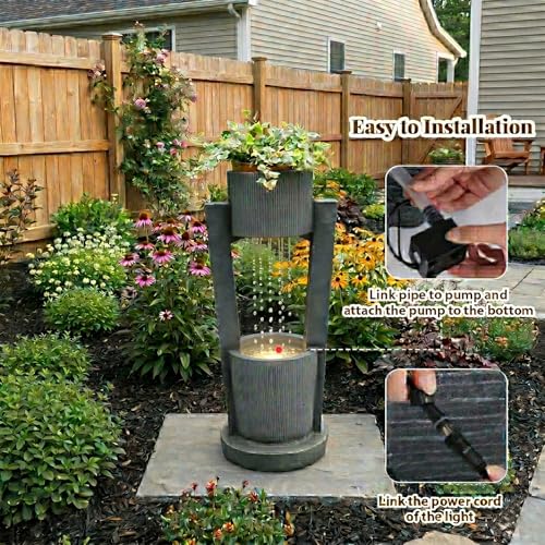 33" H Modern Outdoor Water Fountain Cascading Realistic Rock Waterfall Fountains with LED Lights Outdoor Water Fountain for Garden Patio Backyard Porch Home Decor Gold