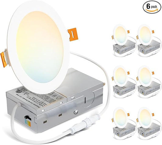 LVWIT Recessed Lighting 6 Inch, Ultra-Thin LED Ceiling Lights 1200LM 2700K-5000K 5CCT Dimmable Canless Recessed Lights Wafer Led Lights for Kitchen Bedroom, ETL,FCC&IC, 6 Pack