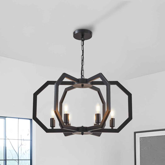 Lanhall 6 Light Farmhouse Chandelier Black Dining Room Light Fixture Modern Rustic Geometric Hanging Pendant Light for Living Room, kitchen Island, Foyer, Entryway, Hallway, Stairway Adjustable Height