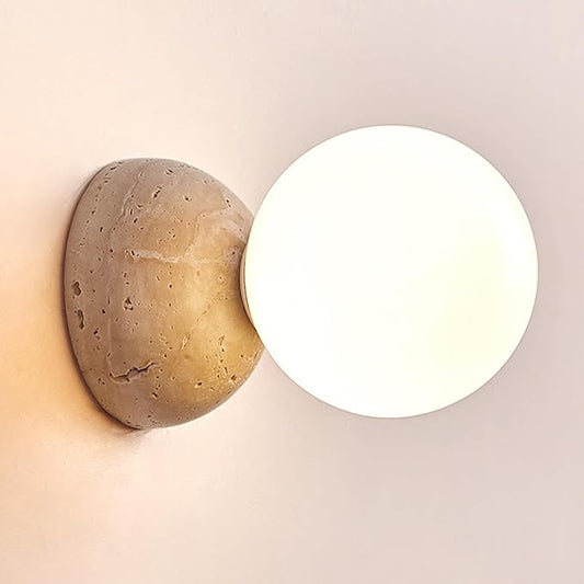 1-Light Natural Stone Wall Sconce, Wabi Sabi Marble Wall Lamp with Glass Lampshade, Nordic Modern Yellow Travertine Wall Light Fixture for Bedroom Bedside Living Room Hallway Entryway(A)