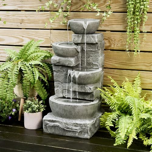 33.25 in. Cascading Bowls and Stacked Stones LED Outdoor Water Fountain for Gardens