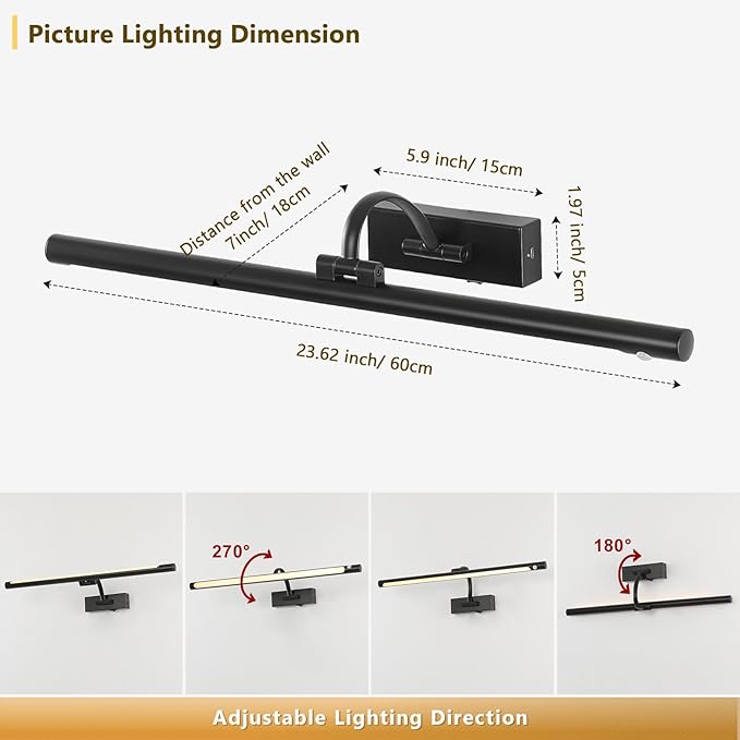 Wireless Black Picture Lights for Wall Motion Activated, Motion Sensor Gallery Lights Auto-Off Art Lights for Portraits Display 24 Inch 5W Warm White