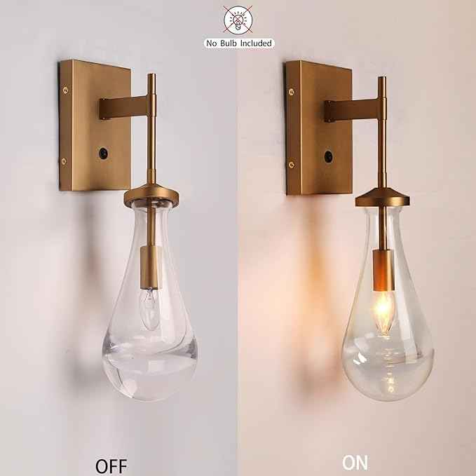 HuisMier Raindrop Wall Sconces, Brushed Brass Glass Wall Sconce with On Off Switch, Modern Wall Light Fixtures Bathroom Wall Lamp for Bedroom Living Room Vanity Hallway