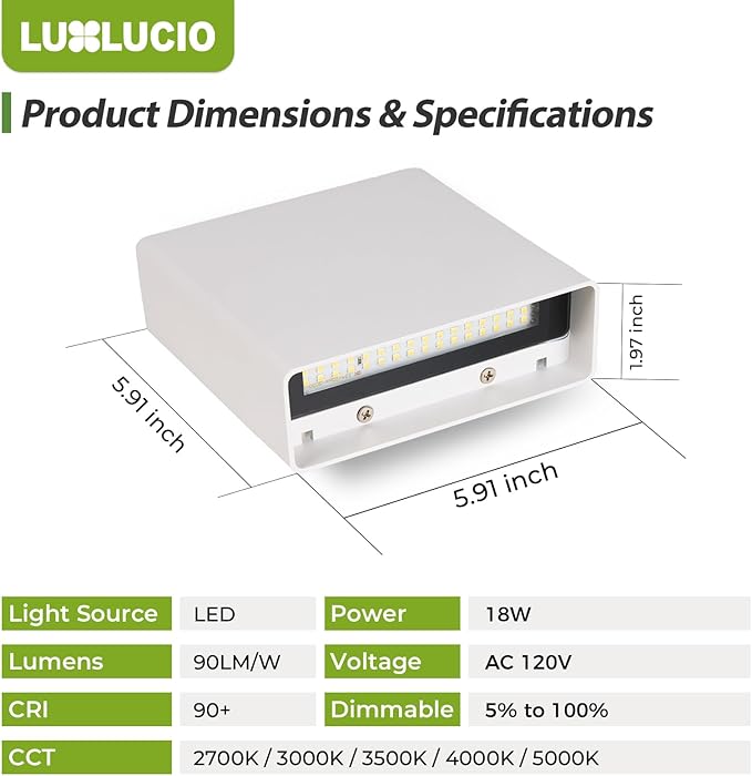 Indoor Outdoor Up and Down Wall Sconce, 5%-100% Dimmable 18W, 5 Color Temperature Selectable (2700K-5000K), Modern Lighting for Living Room/Porch, CRI90+, 120V, ETL FCC Certified - Aura Lighting