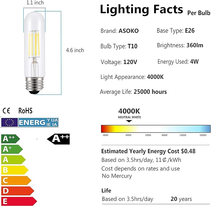 T10 LED Bulbs Daylight 4000K LED Tubular Edison Light Bulbs 4W Dimmable Tube Vintage Led Bulbs 40 Watt Equivalent,E26 Medium Base, LED Filament Retro Bulb for Desk Lamp, (6-Pack), 6 Count (Pack of 1)