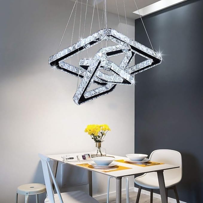 Modern Crystal Chandelier LED Ceiling Light, Square 3-Ring Design, Ultra-Bright 47W Cool White 6000K, Height Adjustable K9 Crystal Pendant Lighting for Dining Room, Living Room, Bedroom, Foyer