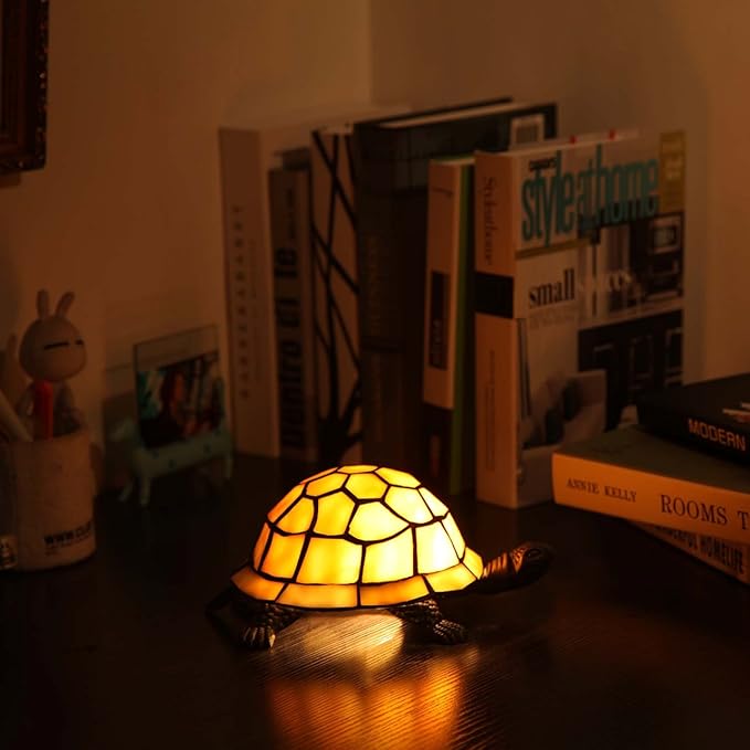 Bieye L10593 Turtle Tiffany Style Stained Glass Accent Table Lamp Night Light for Bedside Living Room (Cream)