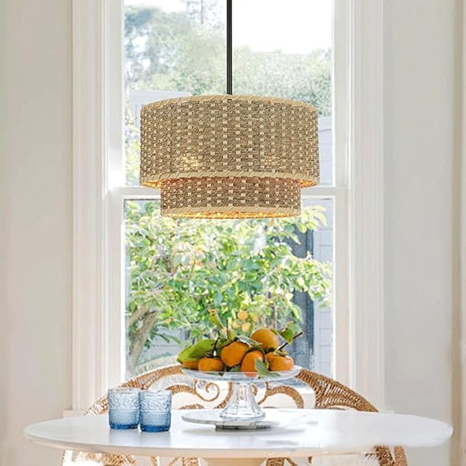 13.9inRattan Pendant Light,Japanese Retro Restaurant Bamboo Lighting Fixture,Wabi-Sabi Double Layer Column Chandelier,Handwoven Hanging Lamp,for Shop Living Room Tea Room Kitchen Island,E26