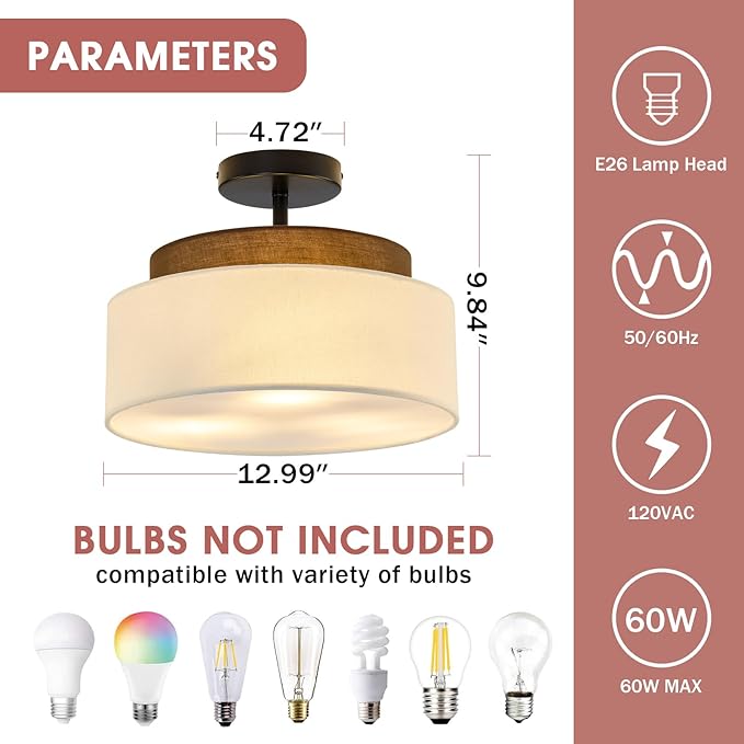 13" Double Drum 3-Light Semi Flush Mount Ceiling Light Fixture Farmhouse Fabric Chandelier with Linen Shade Rustic Black Ceiling Lamp for Bedroom Kitchen Dining Room Hallway Entryway - Aura Lighting